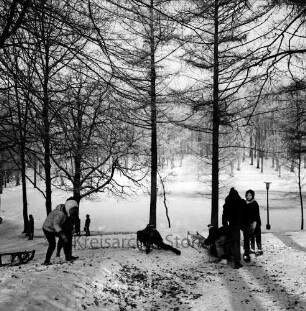 Kurpark: Kinder fahren im Winter Schlitten