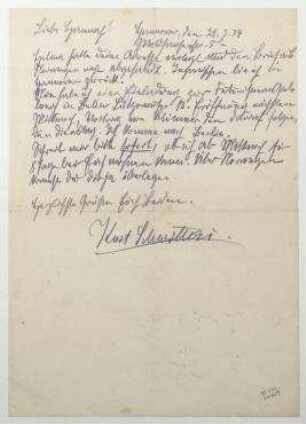 Brief von Kurt Schwitters an Hannah Höch. Hannover