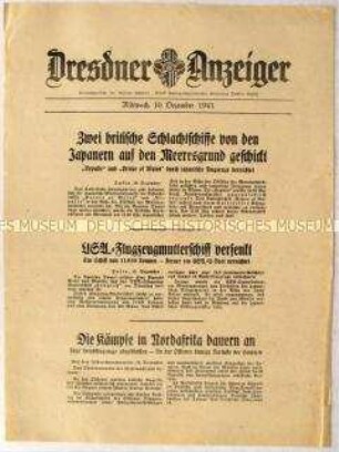 Nachrichtenblatt "Dresdner Anzeiger" u.a. zur Versenkung zweier britischer Schlachtschiffe durch die japanische Luftwaffe