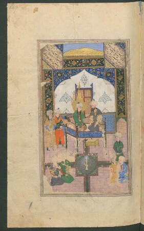 Illustration: Yūsuf mit einem Fürsten auf einem Thron