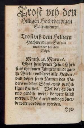 Trost uth den Hilligen Hochwerdigen Sacramenten.