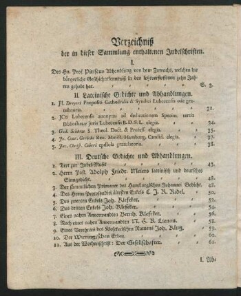 Verzeichniß der in dieser Sammlung enthaltenen Jubelschriften