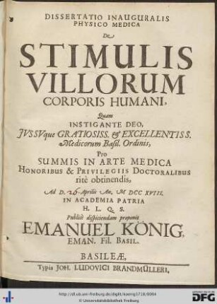 Dissertatio Inauguralis Physico Medica De Stimulis Villorum Corporis Humani