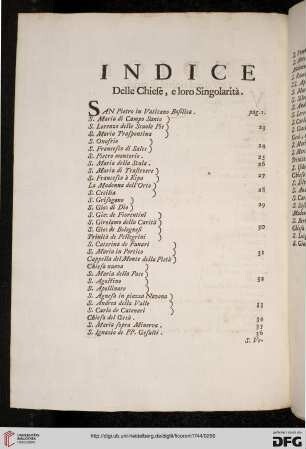 Indice delle Chiese, e loro Singolarità