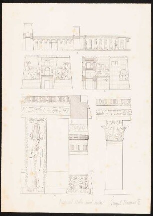 Totentempel des Ramses III. in Medinet Habu, Luxor (Theben-West): wie Inv.Nr. 44870,1: Längsprofil, Ansicht, Seitenansicht der Pylonen (von Inv.Nr. 44871), Details (nach Inv.Nr. 44872) (nach Anthes?)
