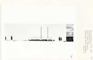 Großkraftwerk, Berlin-Hakenfelde (Diplomarbeit bei Bernhard Hermkes): Gesamtanlage, Ansicht von Südwesten 1:500
