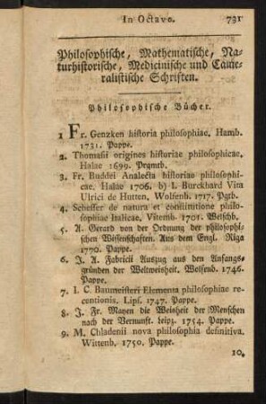 731-784, Philosophische, Mathematische, Naturhistorische, Medicinische und Cameralische Schriften.