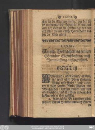 LXXXIV. Kurtze Betrachtung einiger Göttlicher Eigenschafften, auff Veranlassung auffgezeichnet.