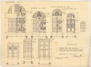 Kirche mit Innenausstattung und Pfarrhaus, Schlesiengrube: Ansichten und Grundrisse der Türen der Kirche 1:20
