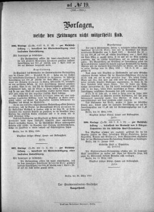 Anlage: ad No. 19 (206-208), Vorlagen, welche den Zeitungen nicht mitgetheilt sind