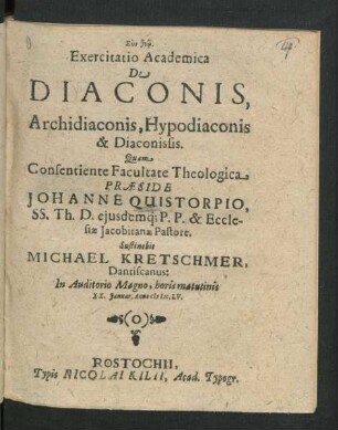Exercitatio Academica De Diaconis, Archidiaconis, Hypodiaconis & Diaconissis