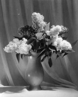 Blumen in Vasen. Fliederstrauß in bauchiger Vase