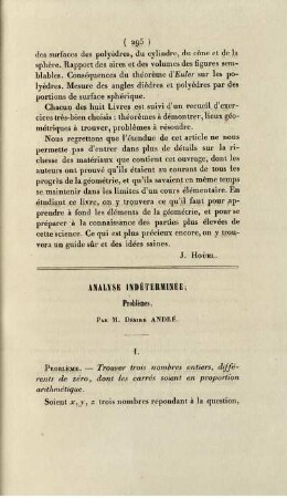 Analyse indéterminée. Problèmes.