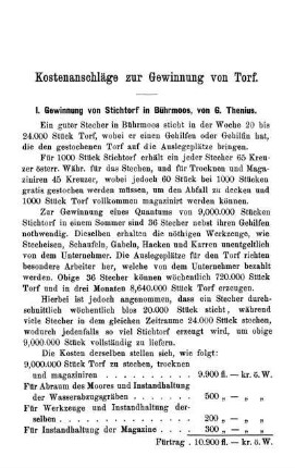 Kostenanschläge zur Gewinnung von Torf.