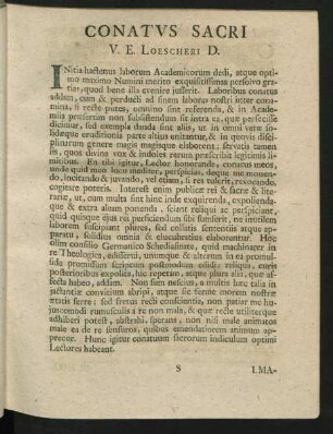Conatus Sacri V. E. Loescheri D.