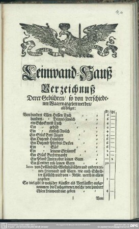 Leinwand-Hauß Verzeichnuß Derer Gebühren, so von verschiedenen Waaren gegeben werden
