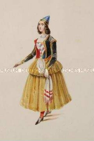 Frau im gelben Rock und bunt gewürfelten Oberteil mit schwarzer Jacke - Tafel aus Franceschini/Kostümbilder (Kassette 2)