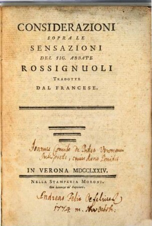 Considerazioni sopra la Sensazioni del Sig. Abbate Rossignuoli ...