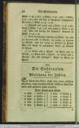 III. Die Subtraction oder Abziehung der Zahlen