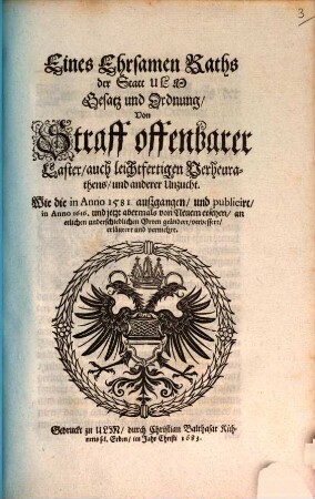 Eines Ehrsamen Raths der Statt Ulm Gesatz und Ordnung, Von Straff offenbarer Laster, auch leichtfertigen Verheurathens und anderer Unzucht