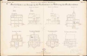 Drehbare Kanalbrücke Schinkelwettbewerb 1894: Baulichkeiten zur Erzeugung des Druckwassers und Wohnung des Brückenwärters. Ansichten, Schnitte, Grundrisse 1:100