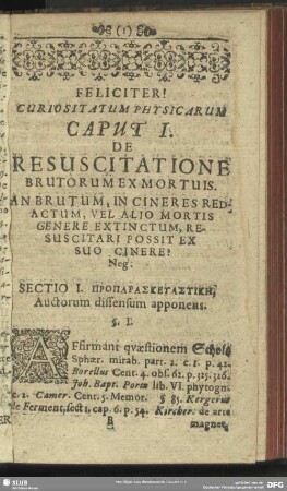 Caput I. De Resuscitatione Brutorum Ex Mortuis