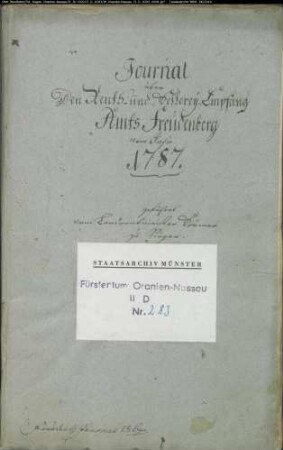Journal über die Einnahmen der Rent- und Kellerei des Amts Freudenberg im Jahr 1787 (geführt vom Landrentmeister Krämer)