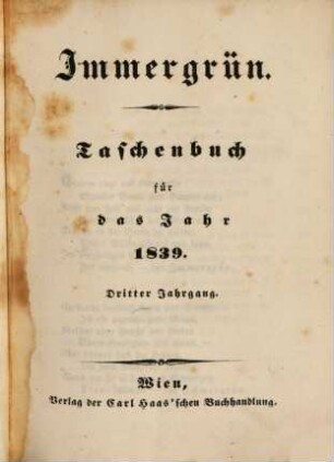 Immergrün : Taschenbuch. 1839 = Jg. 3
