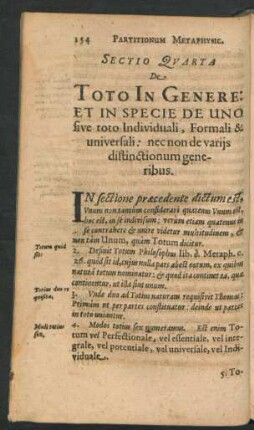Sectio Quarta. De Toto In Genere: Et In Specie De Uno sive toto Individuali, Formali & distinctionum generibus.