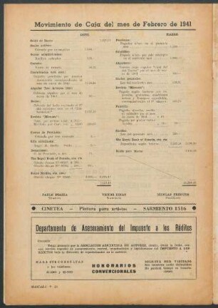 Movimiento de Caja del mes de Febrero de 1941