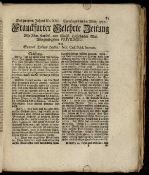 No. XXI. Dienstags den 12. Mertz 1737 - No. XXX. Freytags den 12. April 1737