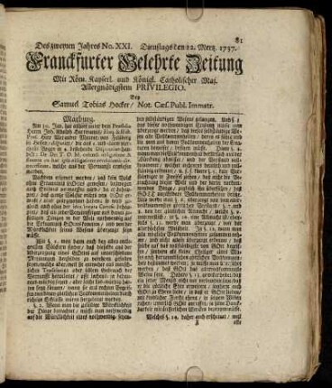 No. XXI. Dienstags den 12. Mertz 1737 - No. XXX. Freytags den 12. April 1737