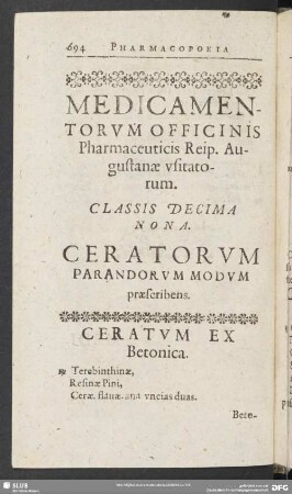 Medicamentorum Officinis Pharamceuticis Reip. Augustanae usitatorum. Classis Decima Nona. Ceratorum Parandorum Modum praescribens