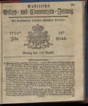 33tes Stueck, Montag den 17ten August. 1789