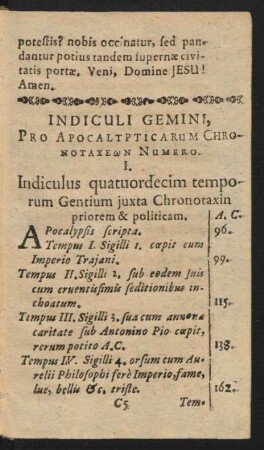 Indiculi Gemini, Pro Apocalypticarum Chronotaxeon Numero.
