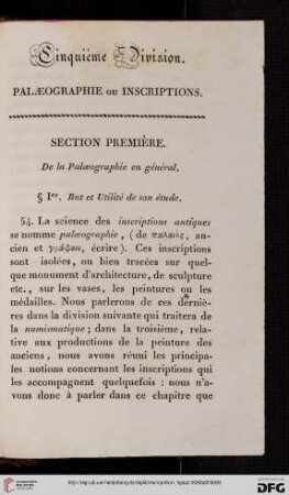 Cinquième division: Paleographie ou inscriptions