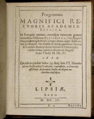 Programma Magnifici Rectoris Academiae Lipsicae [...] Item Epicedia [...]