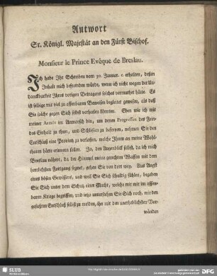 Antwort Sr. Königl. Majestät an den Fürst Bischof