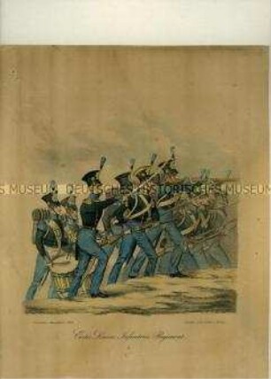 1. Linien-Infanterieregiment im Angriff. Aus Kunstdruckmappe "Uniformen der Königlich Sächsischen Armee" 1832.