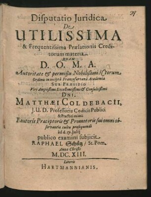 Disputatio Iuridica De Utilissima & Frequentissima Praelationis Creditorum materia