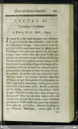 Lettre CI. Le même à la même. A Paris, le 27. Août, 1694