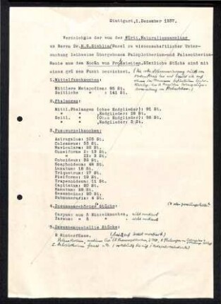 Verzeichnis der zur wissenschaftlichen Untersuchung an Dr. Stehlin leihweise übergebenen Paloplotherium und Paleotheriumreste aus dem Eozän von Frohnstetten