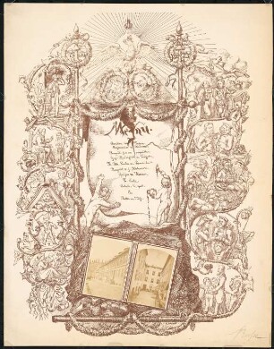 Menükarte: Menükarte mit schmückenden Zeichnungen sowie gerahmten Jahreszahlen 1703 und 1873 und 2 Ansichten von Gebäuden neben der Friedrichswerderschen Kirche