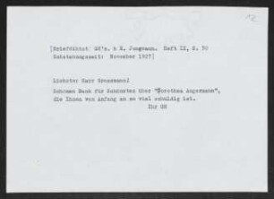 Brief von Gerhart Hauptmann an Stefan Großmann