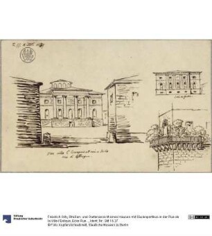 Straßen- und Gartenansicht eines Hauses mit Säulenportikus in der Rue de la Ville-l'Evêque, Ecke Rue d'Astorg in Paris & Eckansicht eines Baues mit bepflanztem Balkon