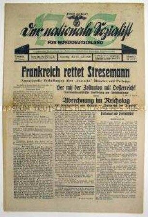 NS-Wochenzeitung "Der nationale Sozialist" mit scharfer Polemik gegen die deutsche Außenpolitik