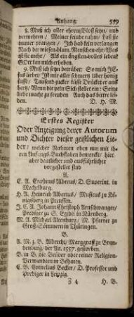 Erstes Register Oder Anzeigung derer Autorum und Dichter dieser geistlichen Lieder/ ...