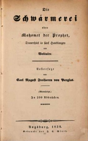 Le fanatisme ou Mahomet le Prophète : Tragedie
