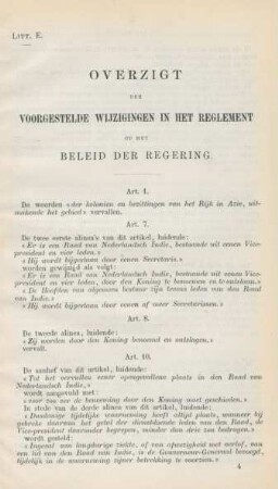 Litt. E. Overzigt der voorgestelde wijzigingen in het reglement op het beleid der regering