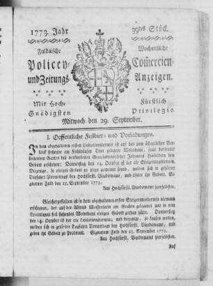 39tes Stück, Ausgabe vom 29. September 1773